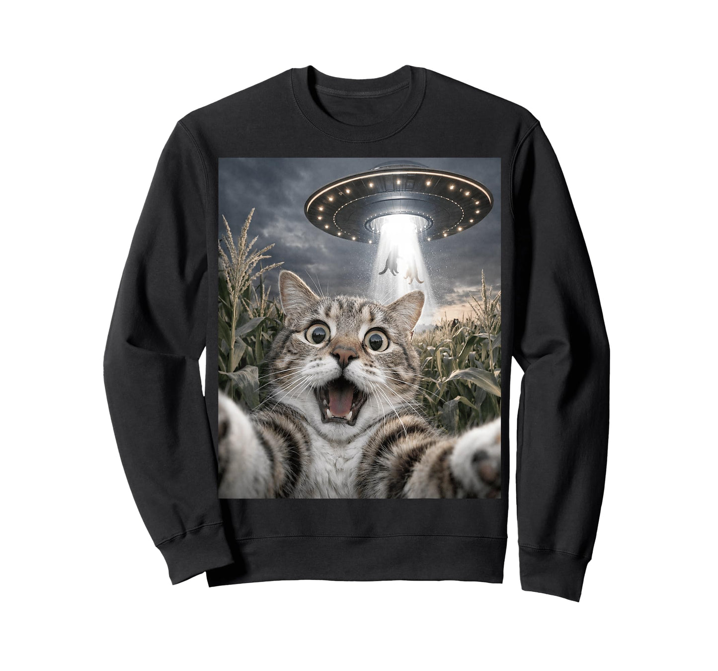 Funny Cat Selfie UFO Alien Animal Meme for Men Women Kids T-Shirt