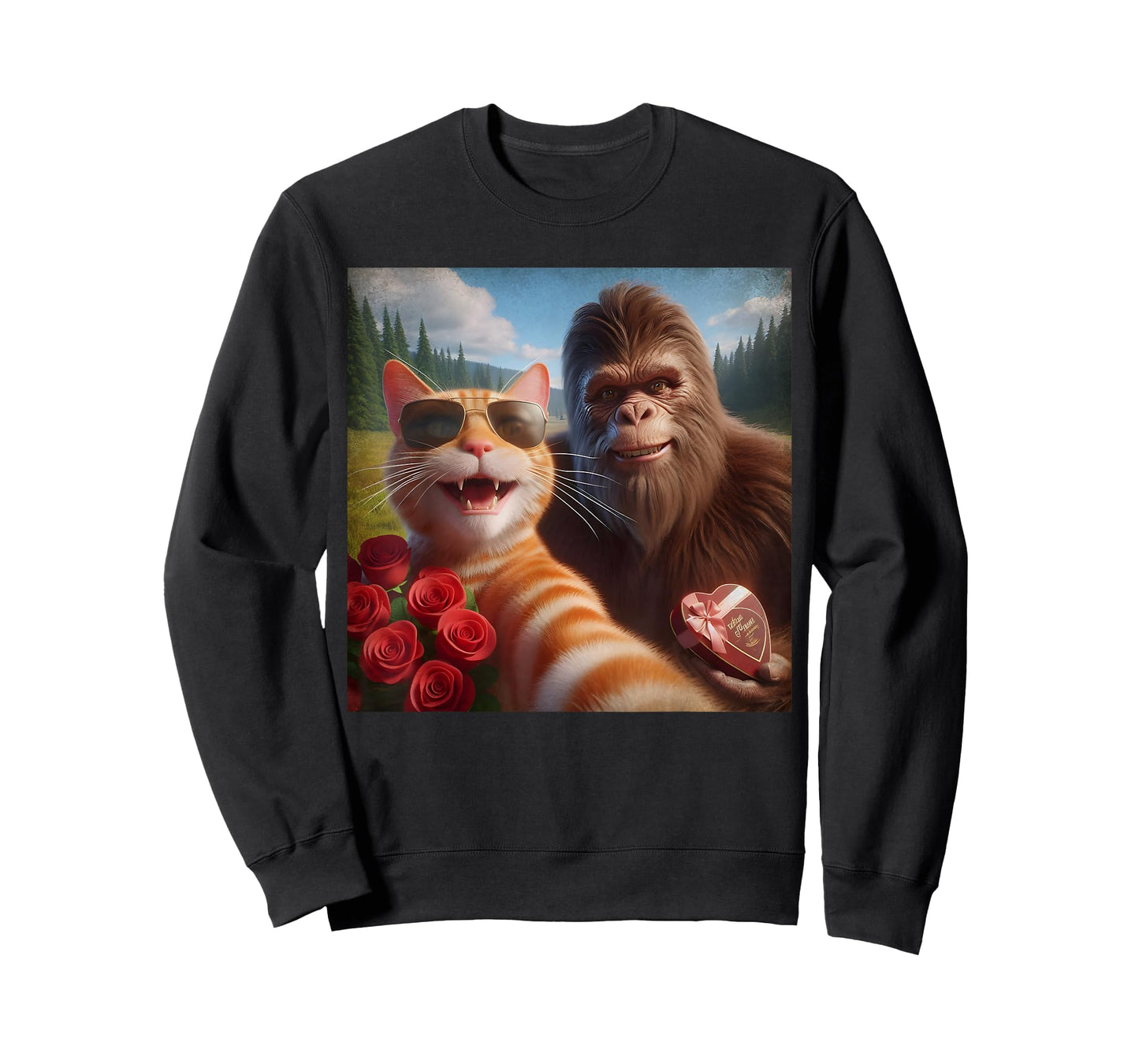 Funny Valentine Cat and Bigfoot Selfie Meme T-Shirt
