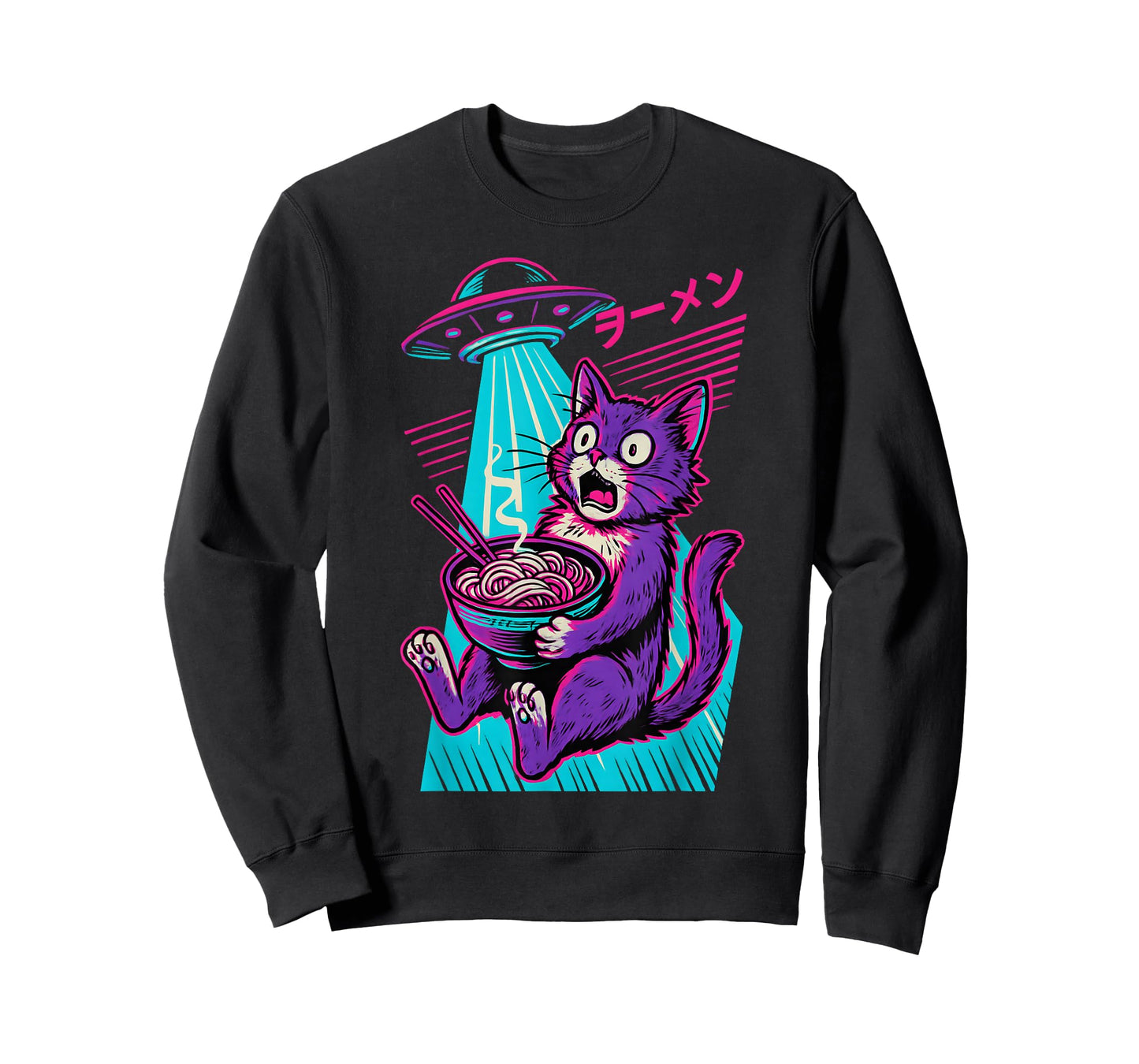 Cat Eating Ramen UFO Anime Japanese Men Women Teens Kids T-Shirt