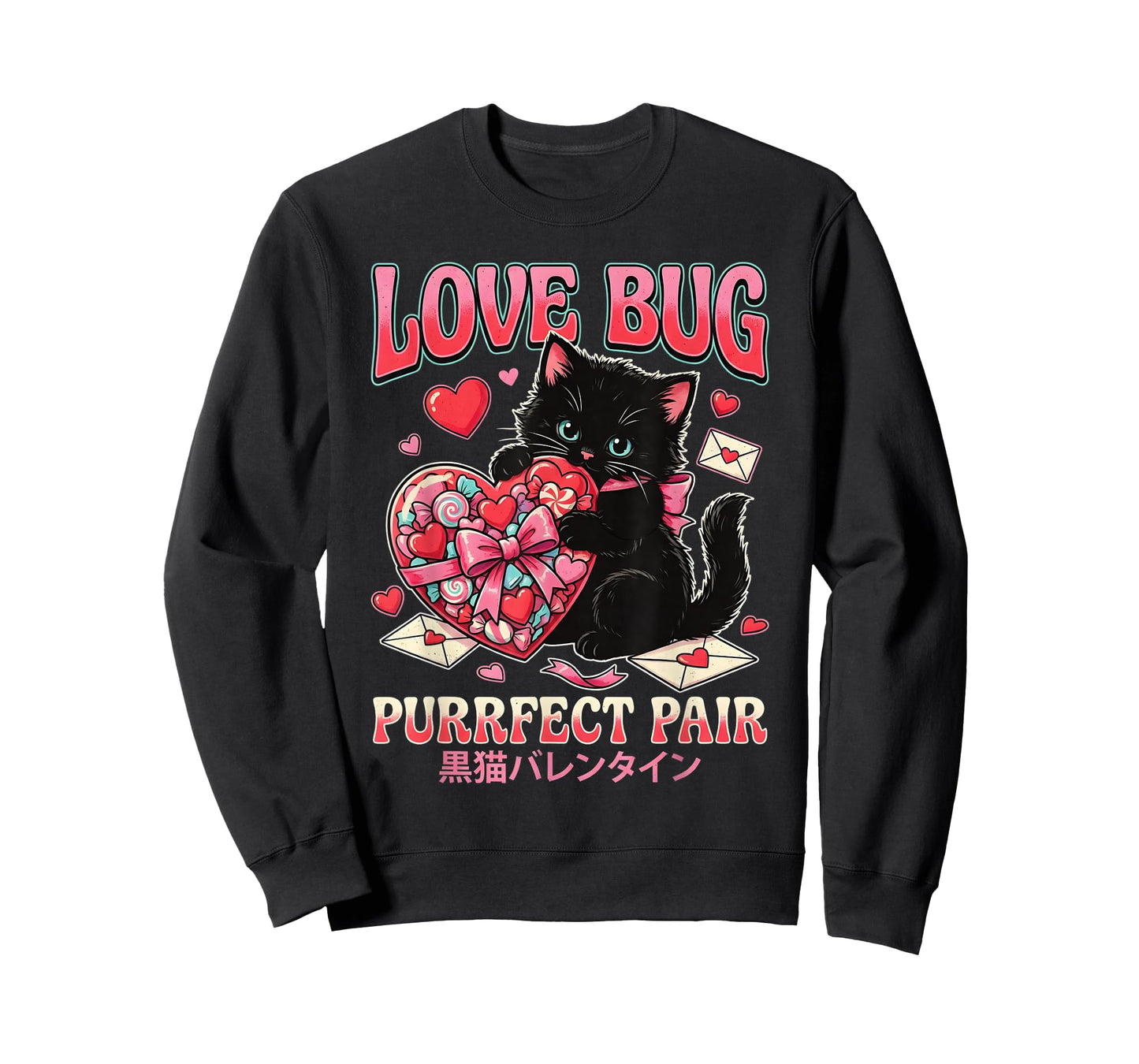 Cute Black Cat Valentine Heart Candy Sweet Kitty Aesthetic T-Shirt