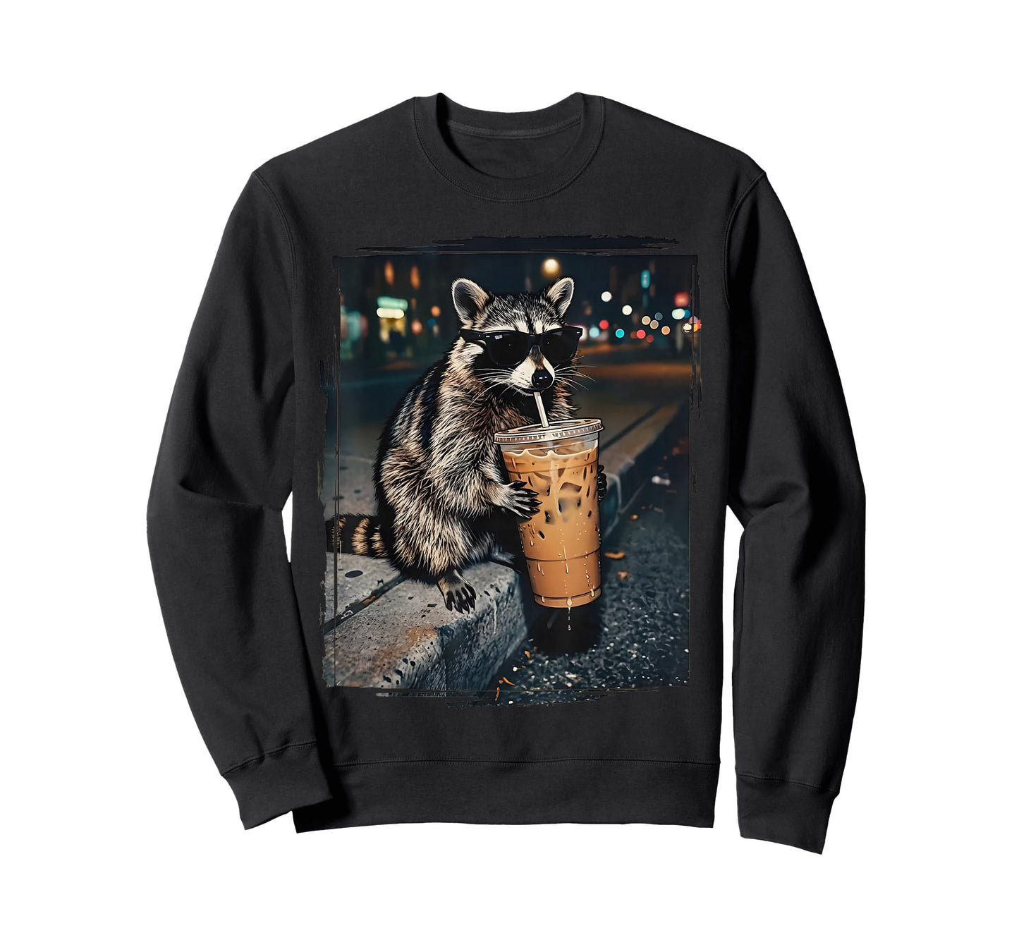 Feral for Iced Coffee Funny Cool Raccoon Drinking Sunglasses T-Shirt