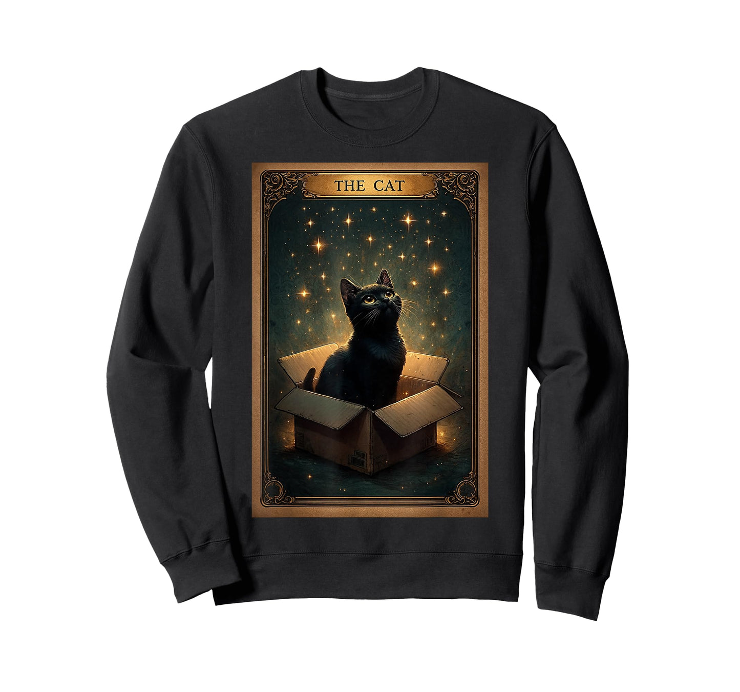 Mystical Black Cat on Box Magical Stars Retro Art Tarot Card T-Shirt