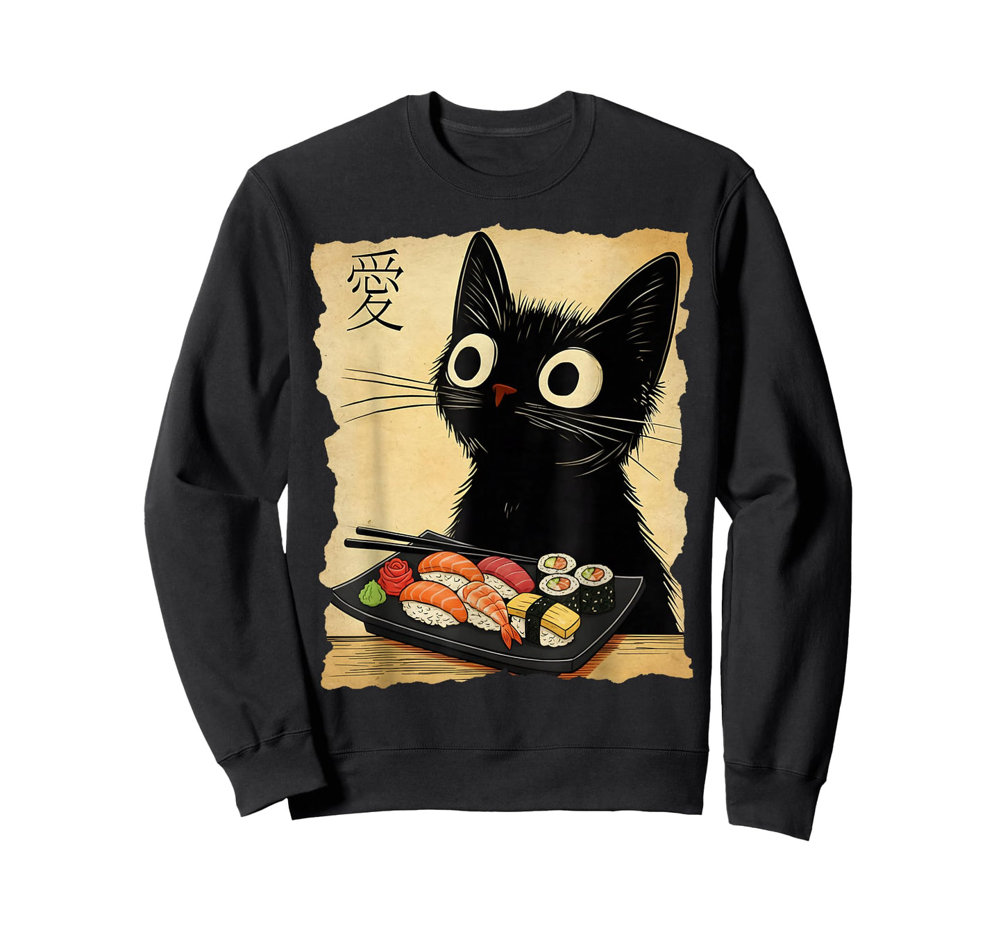 Retro Japanese Cat Sushi Cute Black Funny Kawaii Cat Anime T-Shirt