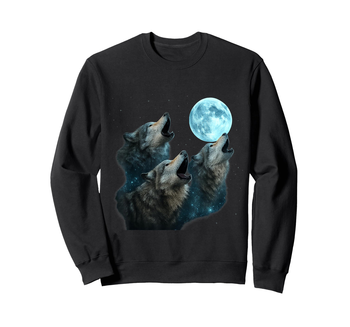 Three Wolves Howling at Cyan Moon Night Mystic Glow T-Shirt