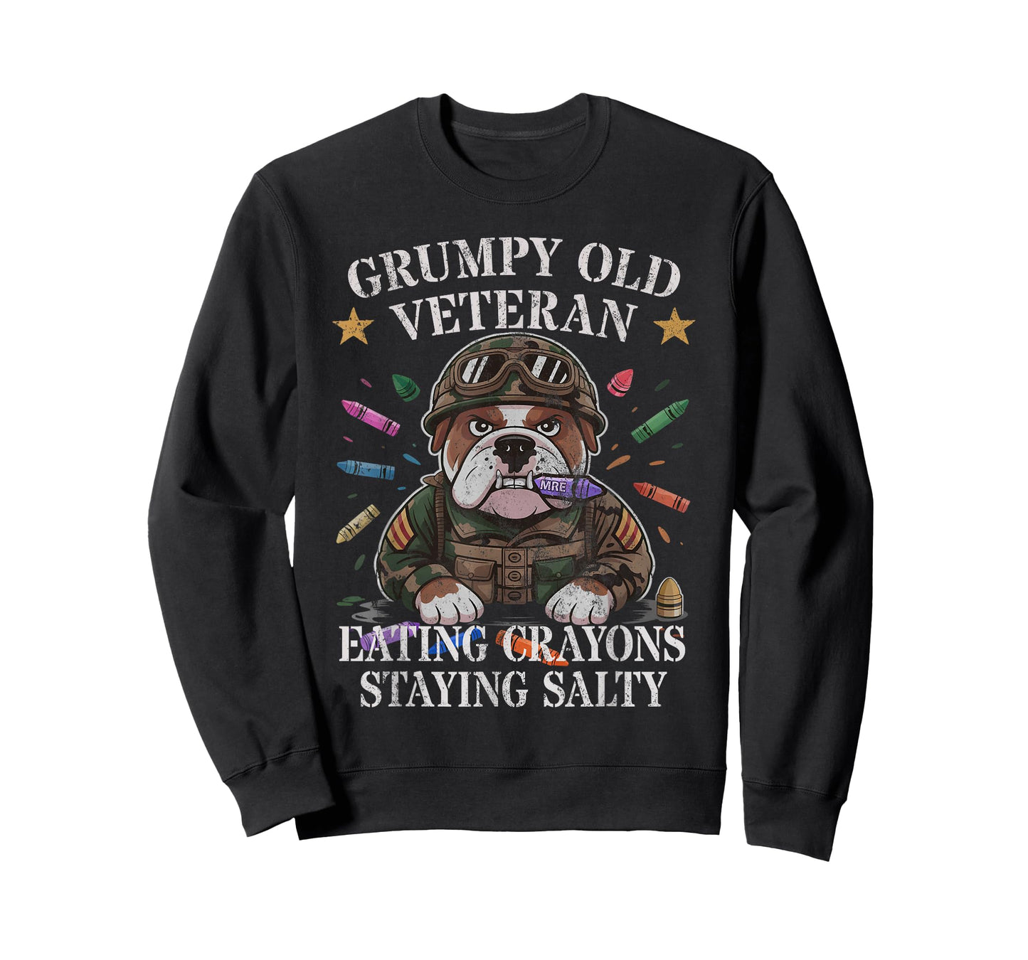 Bulldog Grumpy Old Veteran EAT Crayons Staying Salty Soldier T-Shirt