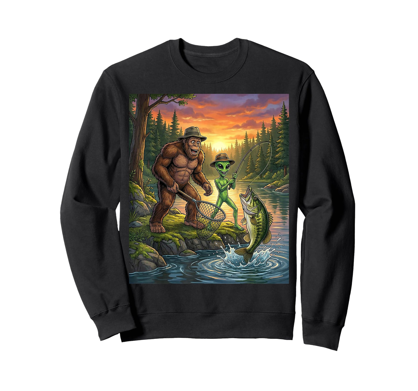 Funny Bigfoot Fishing Mens Alien Sasquatch Fishing Boys T-Shirt