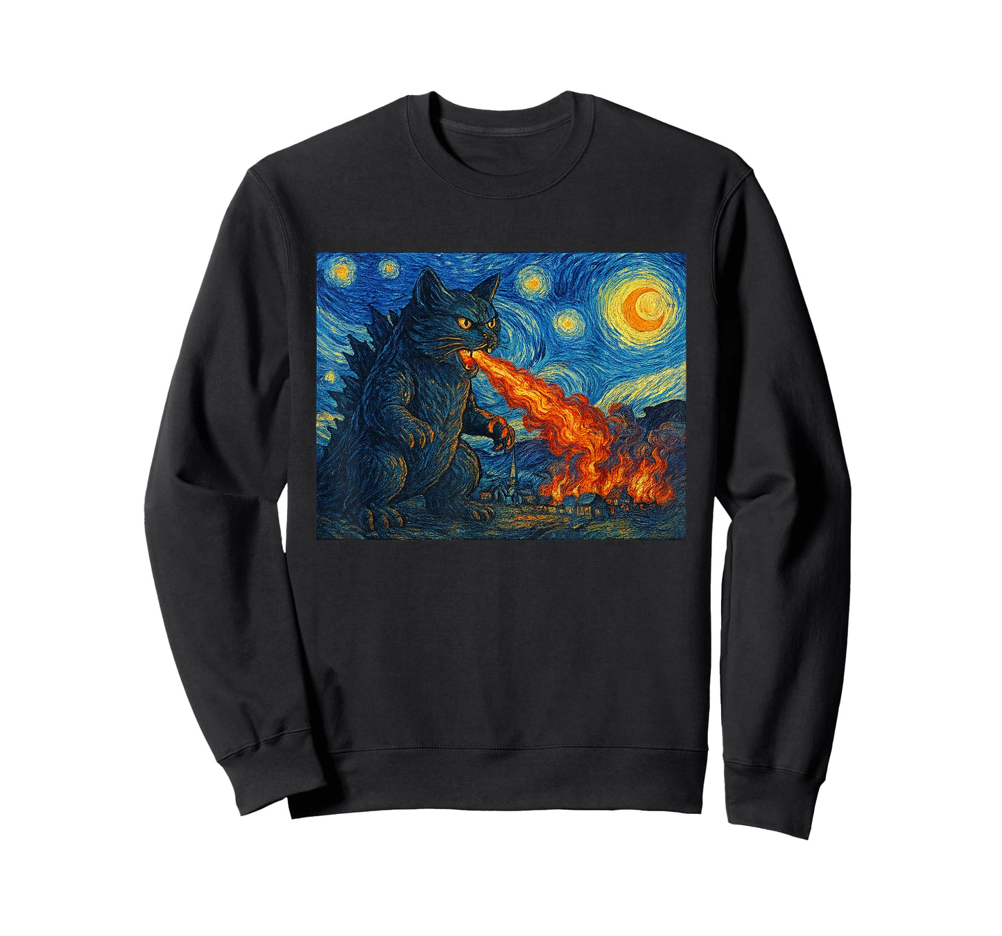Starry Night Catzilla Monster Cat Van Gogh Style Cat Lover T-Shirt