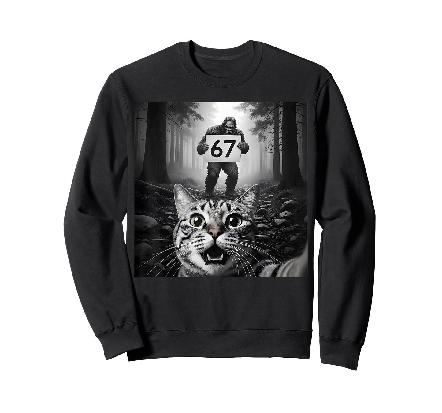 Funny Cat Selfie with Bigfoot 67 Six Seven Meme Men Boy Kids T-Shirt