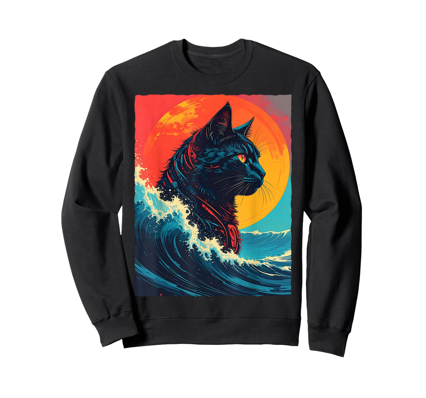 Great Kanagawa Wave Black Cat Robot Cyborg Sci-Fi Retro Sun T-Shirt