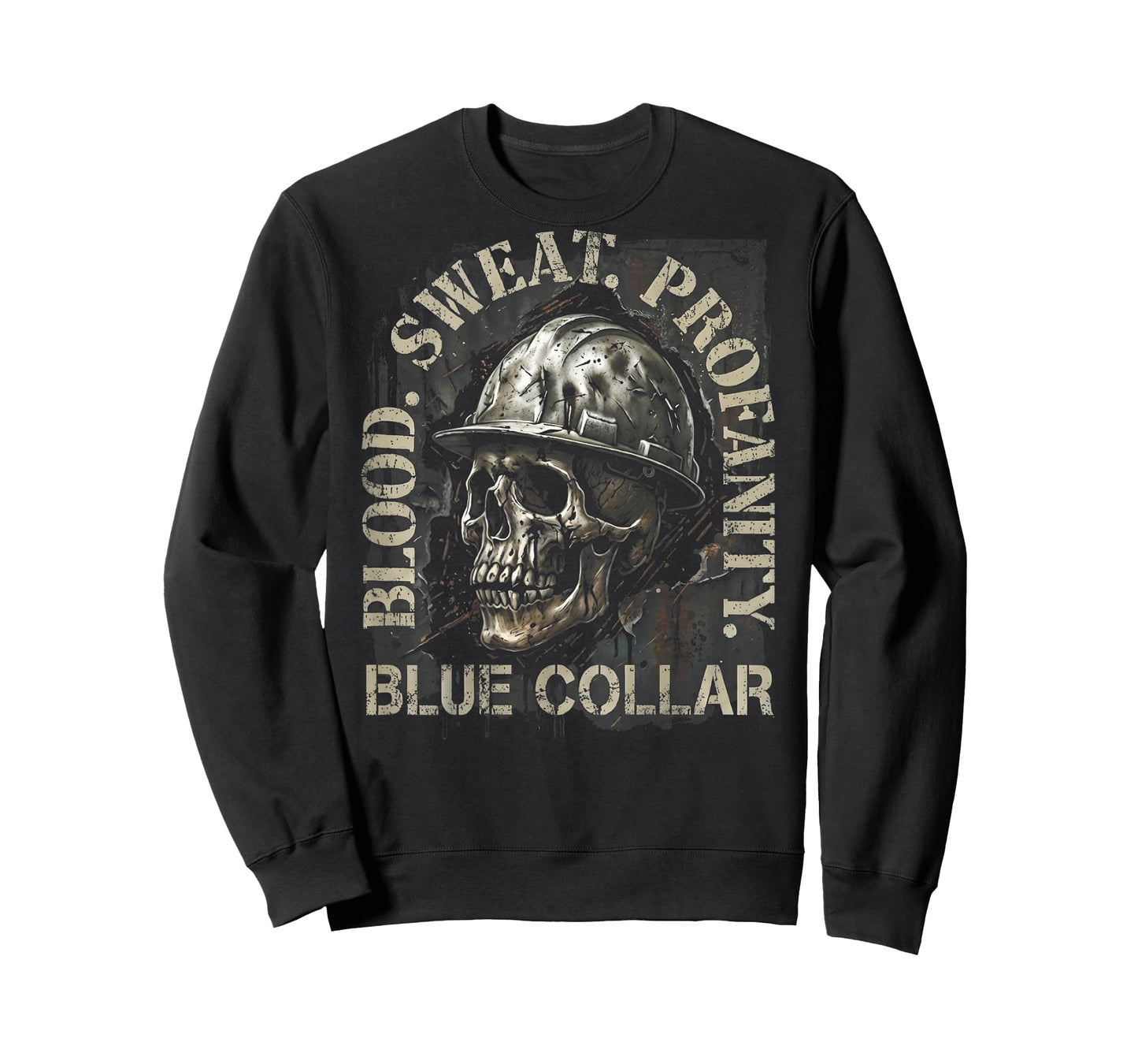 Blood Sweat Profanity Construction Worker Skull Blue Collar T-Shirt