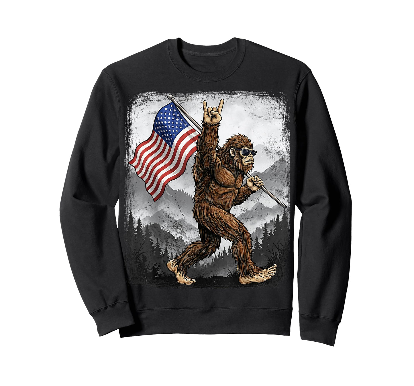Bigfoot Rock On Hand Sign American Flag 4th of July USA T-Shirt