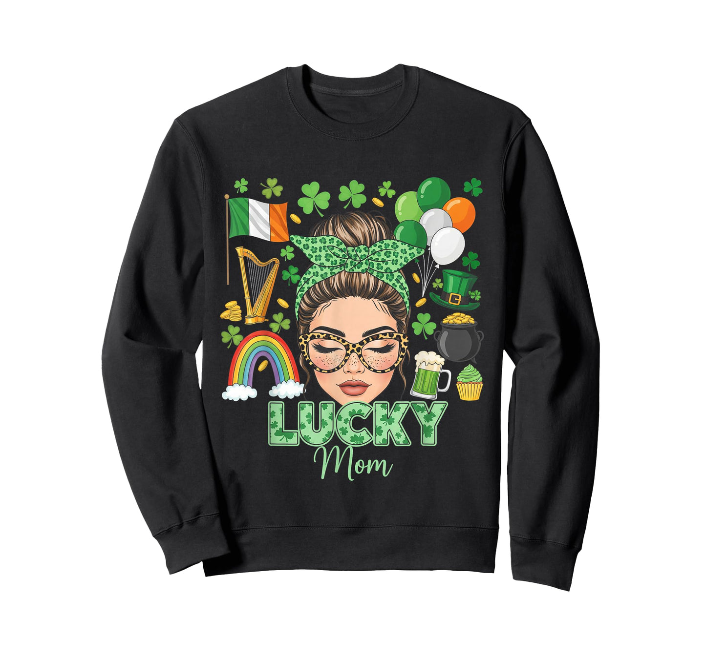 Messy Bun Hair Lucky Mom Shamrocks St Patrick's Day Women T-Shirt