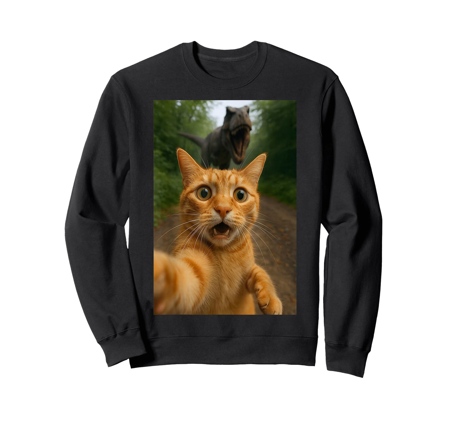 Cat Selfie Escape from Dinosaur Funny for Kids Teens Adult T-Shirt