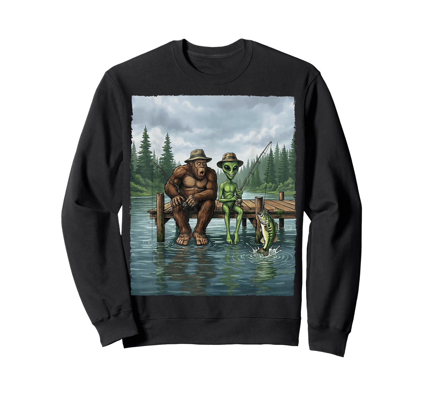 Funny Bigfoot Fishing Mens Alien Sasquatch Fishing Boys T-Shirt