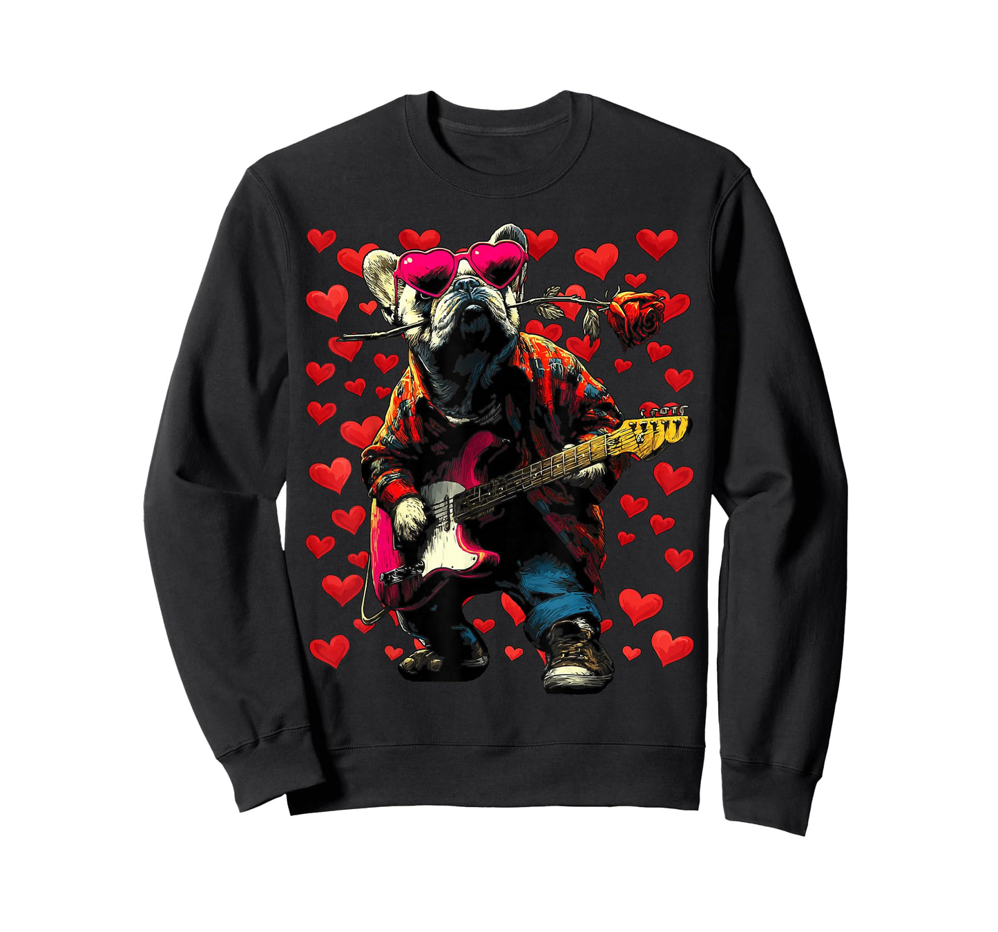 French Bulldog Playing Guitar Guitarist Dog Valentine’s Day T-Shirt