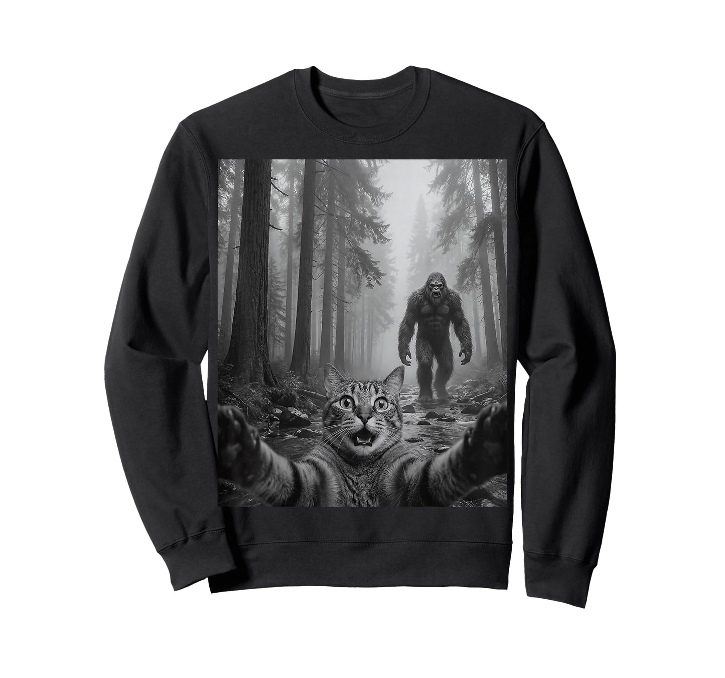 Funny Cute Tabby Cat Selfie with Bigfoot Men Women Kids T-Shirt