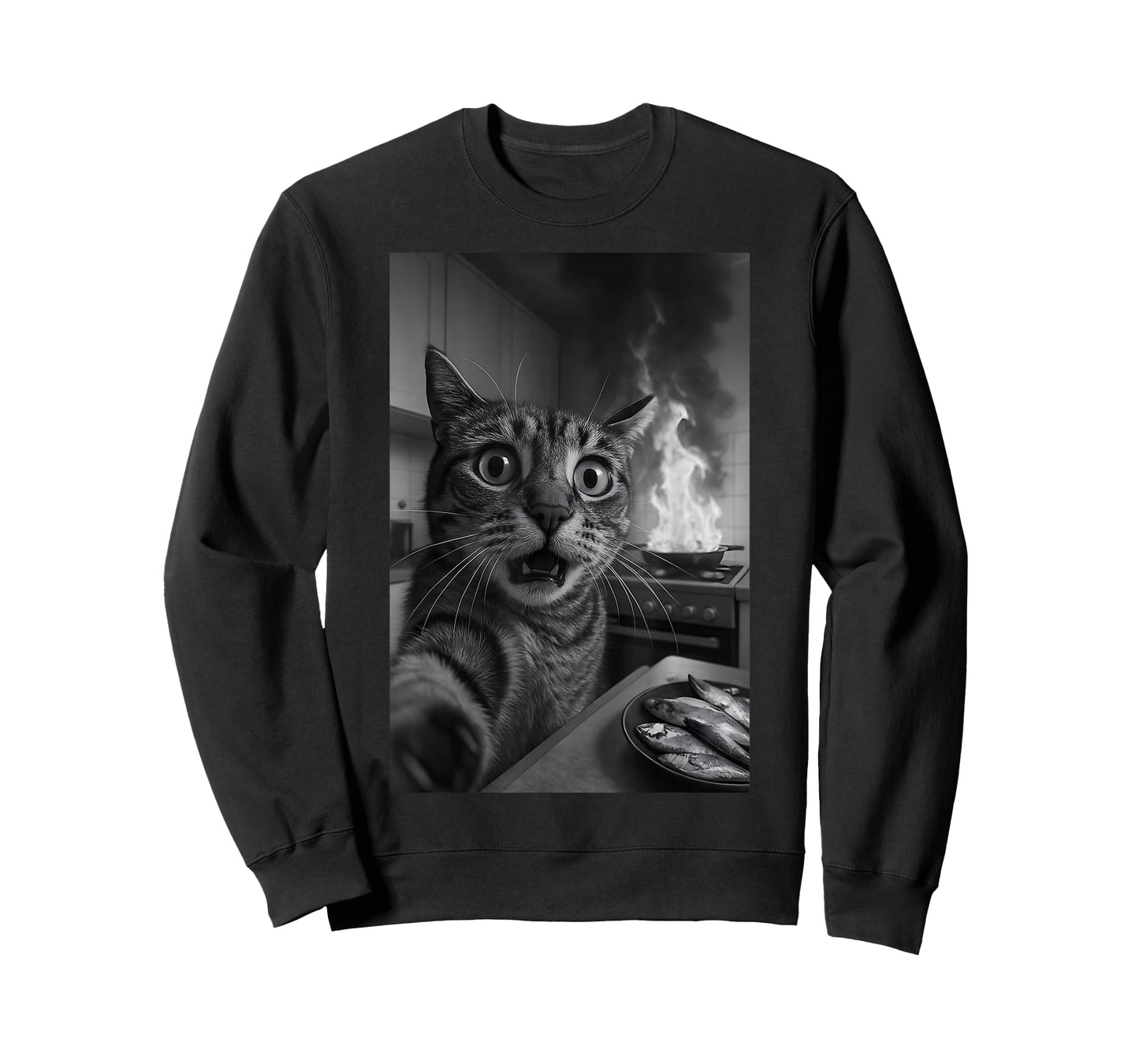 Funny Cat Selfie with Burning Kitchen Silly Cat Graphic Meme T-Shirt