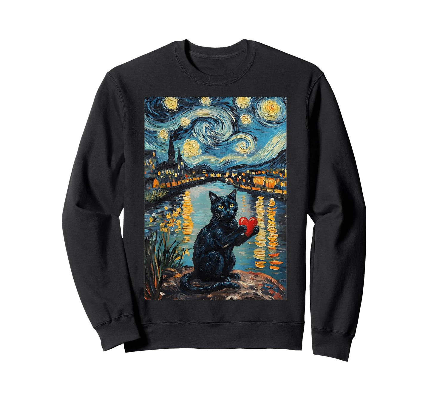Black Cat Starry Night Van Gogh Valentine's Day Cat Lover T-Shirt