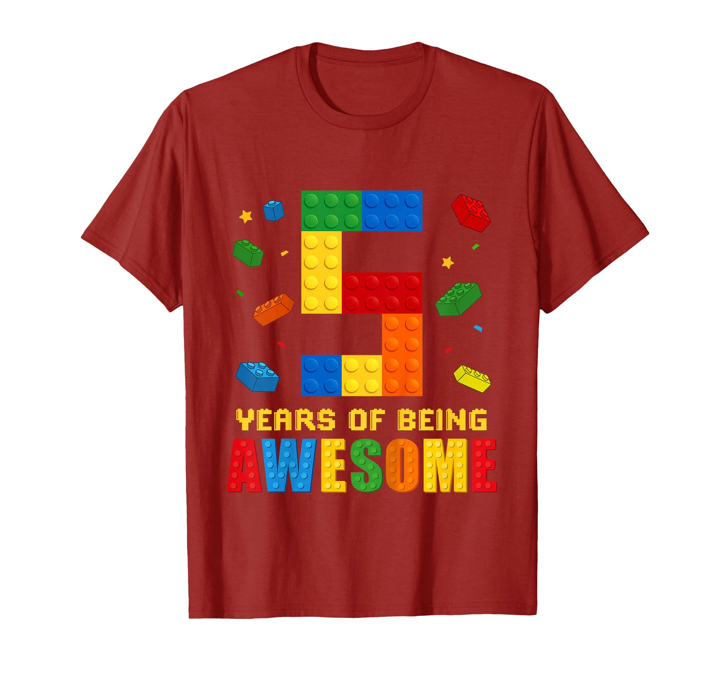Kids 5 Year Old Birthday Boy Being Awesome Building Bricks 5th T-Shirt