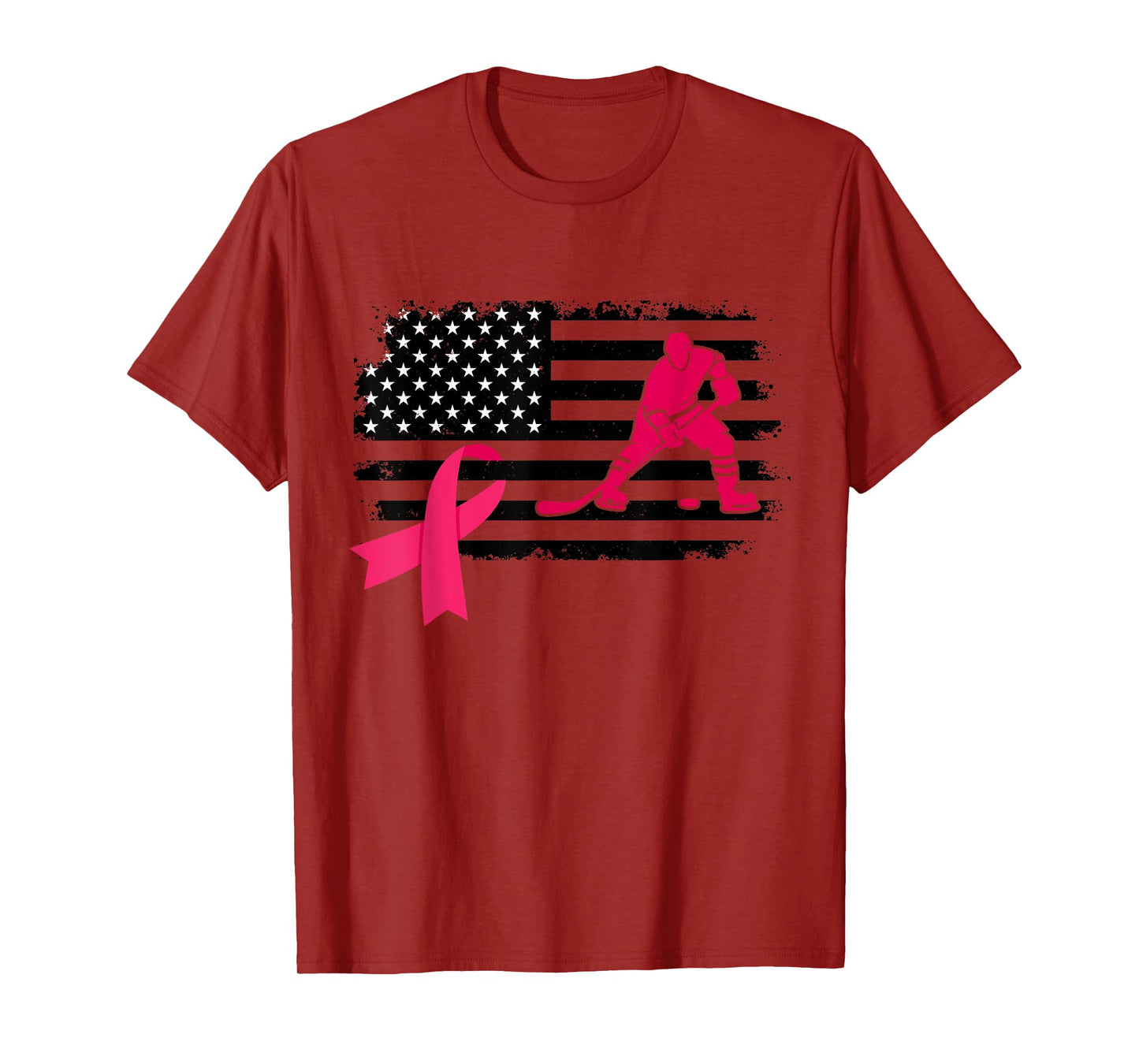 Hockey Player Pink Ribbon USA Flag Breast Cancer Awareness T-Shirt