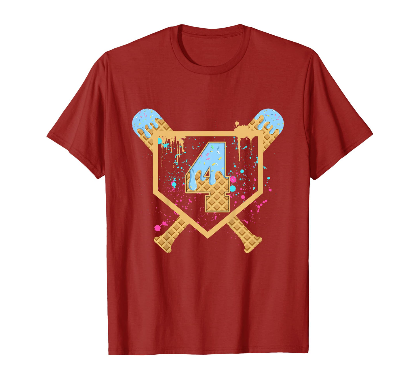 Kids Baseball 4 Year Old Ice Cream Drip 4th Birthday Boy Number 4 T-Shirt
