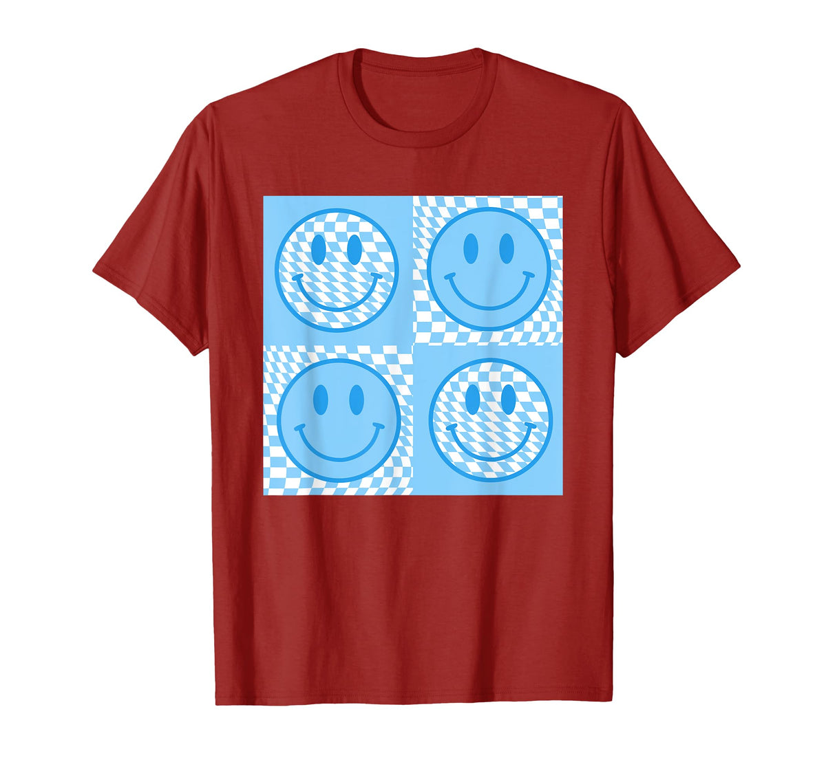 Checkered Pattern Smile Face Meme Blue Happy Face Colorful T-Shirt