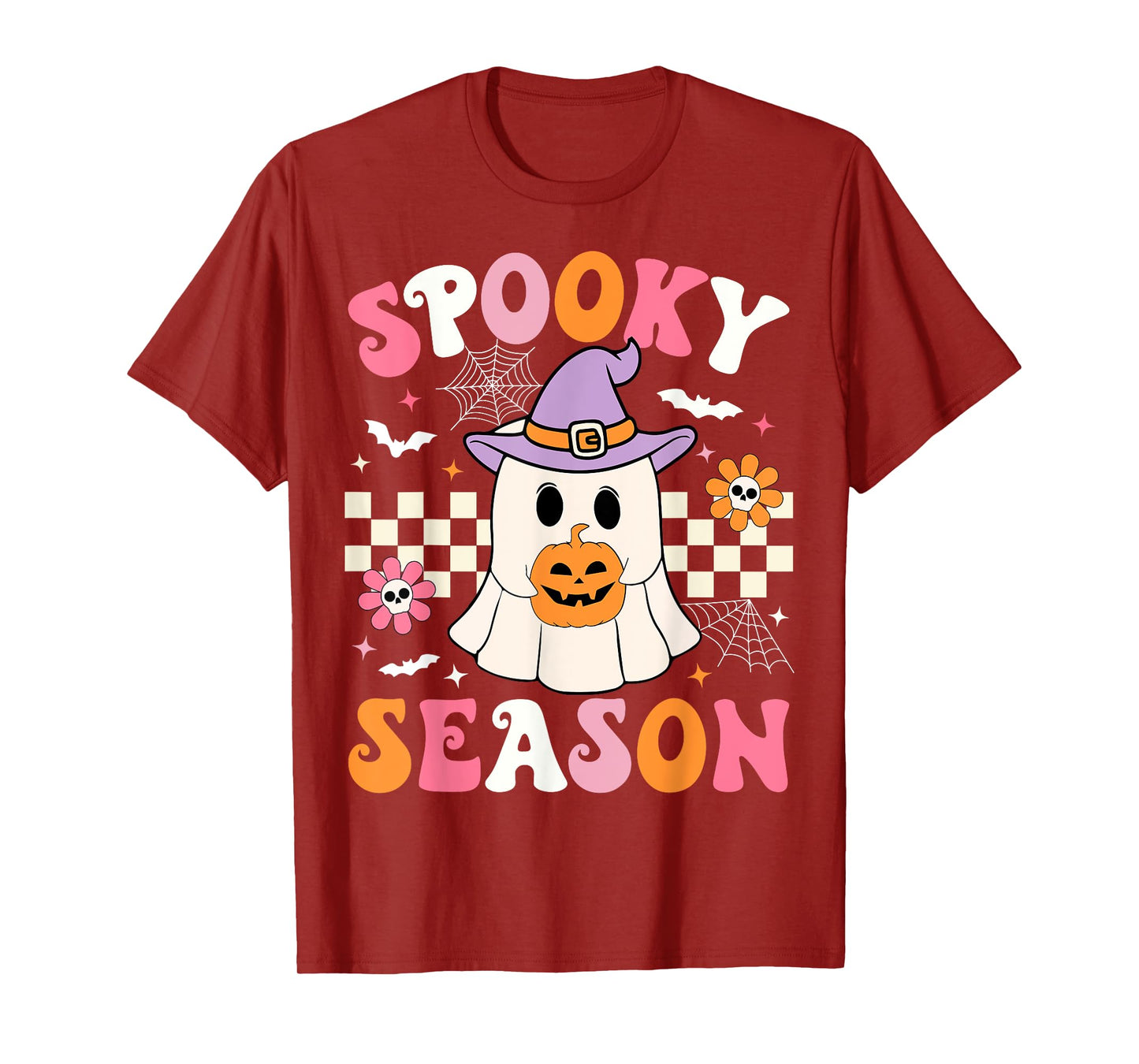 Spooky Season Ghost Holding Pumpkin Groovy Halloween Ghost T-Shirt