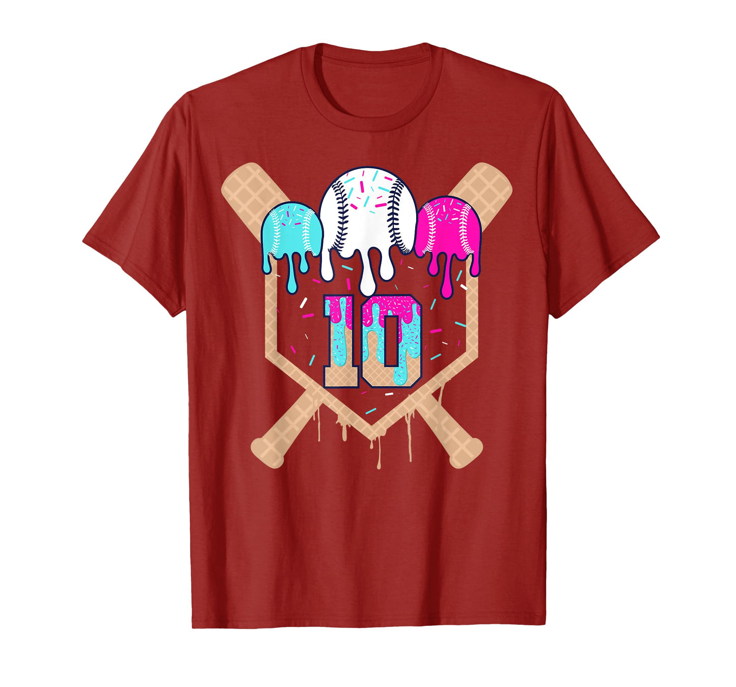 Baseball 10 Year Old Ice Cream Drip 10th Birthday Number 10 T-Shirt