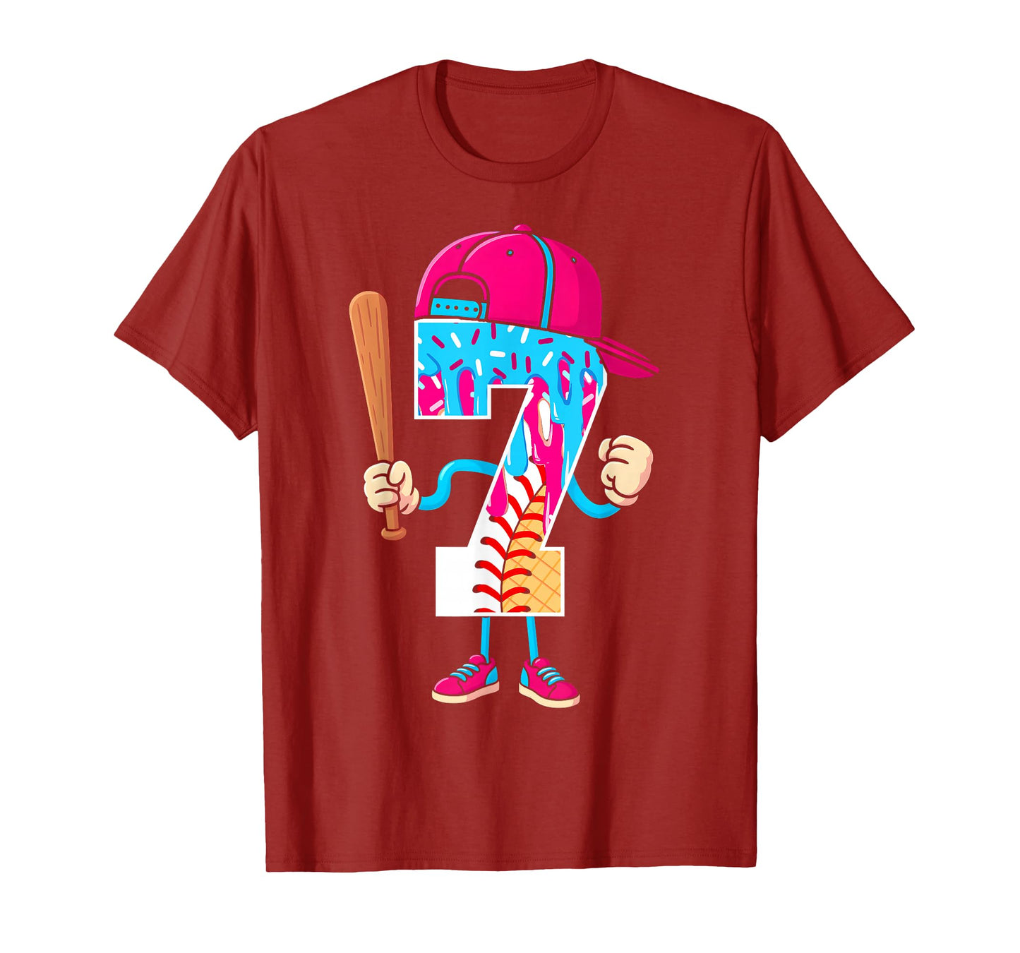 Baseball 7 Year Old Ice Cream Drip 7th Birthday Boy Number 7 T-Shirt