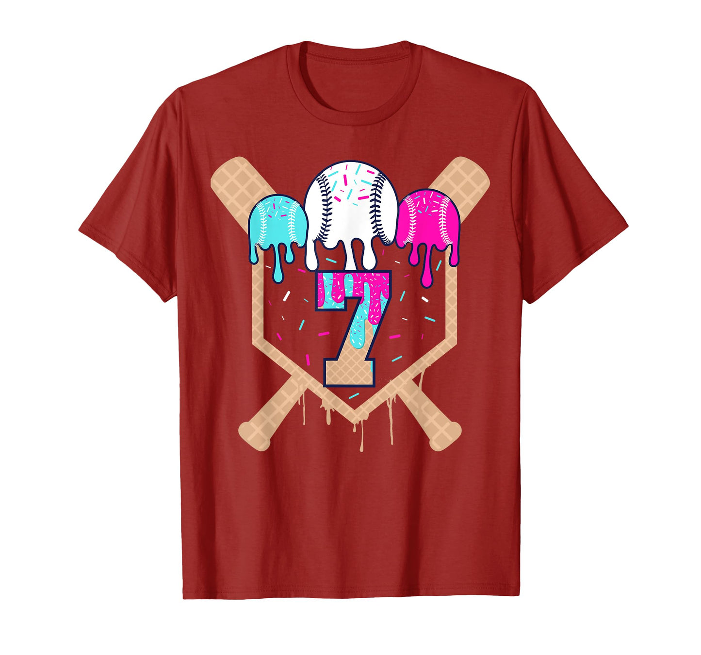 Baseball 7 Year Old Ice Cream Drip 7th Birthday Boy Number 7 T-Shirt