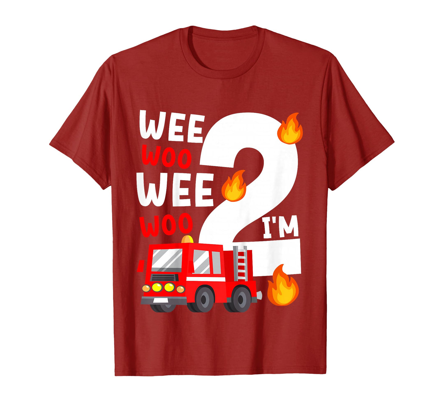 Kids Wee Woo I'm 2 Years Old Red Fire Truck Boys 2nd Birthday T-Shirt