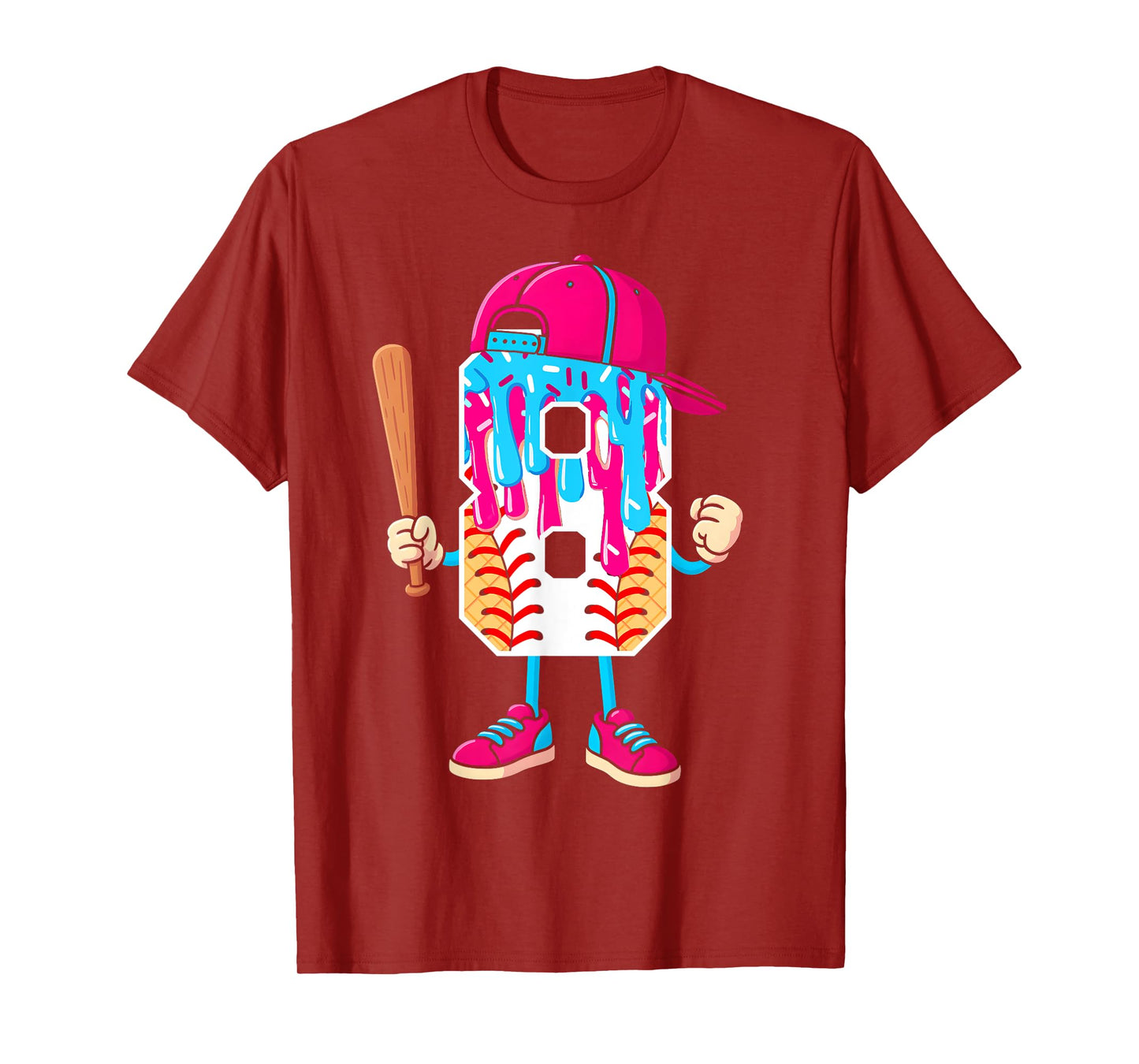 Baseball 8 Year Old Ice Cream Drip 8th Birthday Boy Number 8 T-Shirt