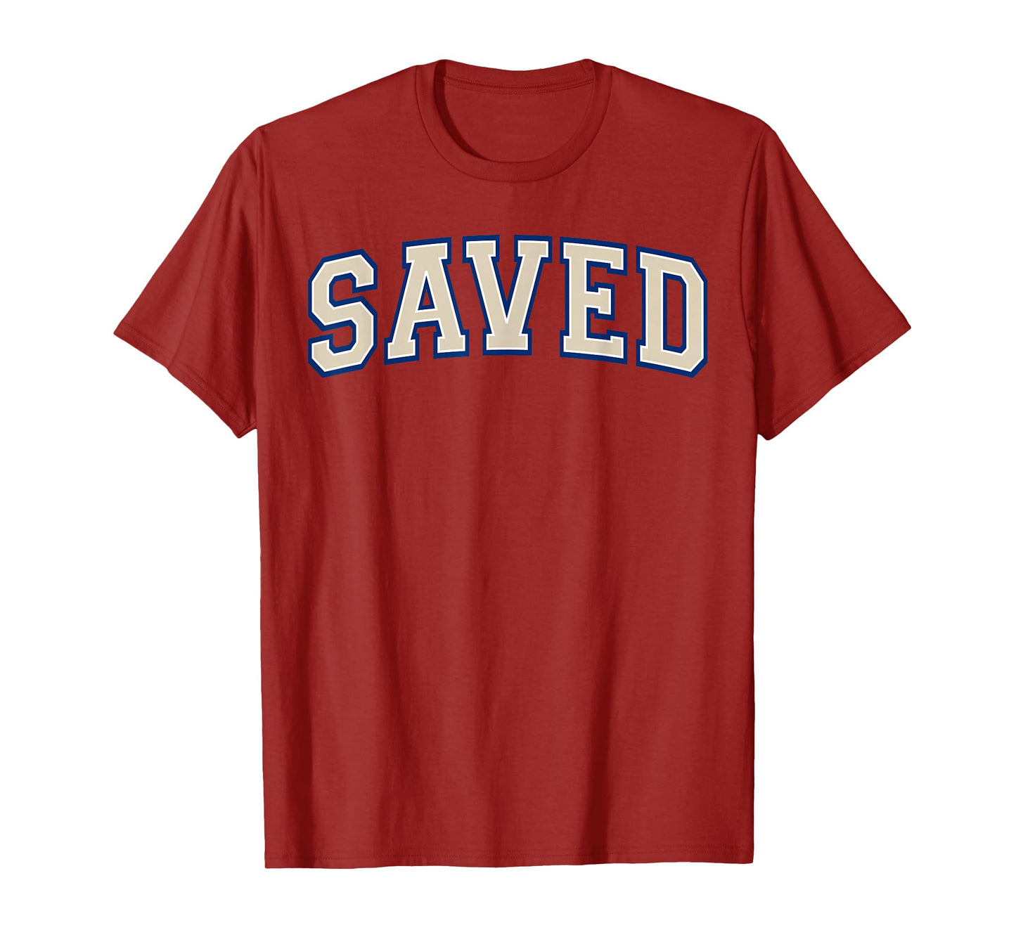 Saved Christian Faith Ivory and Blue Varisty Letters T-Shirt