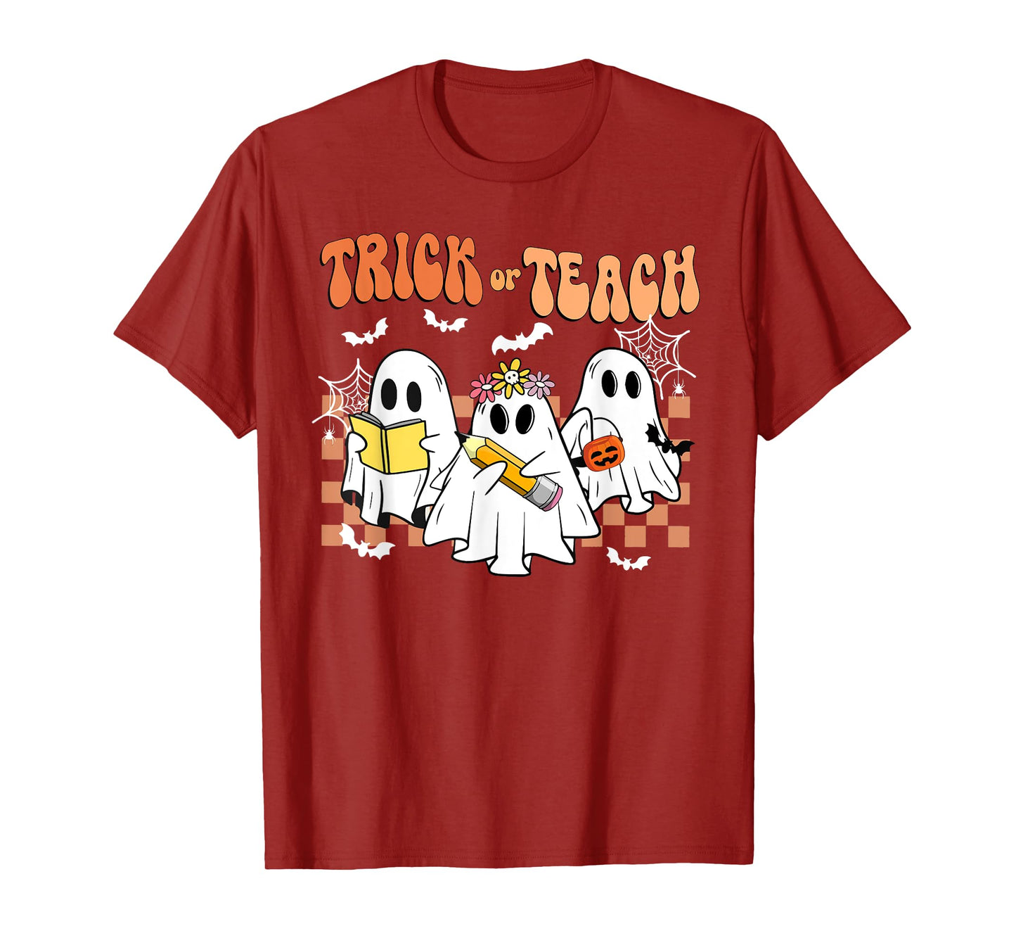 Trick Or Teach Groovy Teacher Halloween Retro Floral Ghost T-Shirt