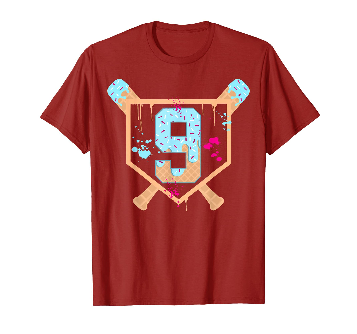 Baseball 9 Year Old Ice Cream Drip 9th Birthday Boy Number 9 T-Shirt
