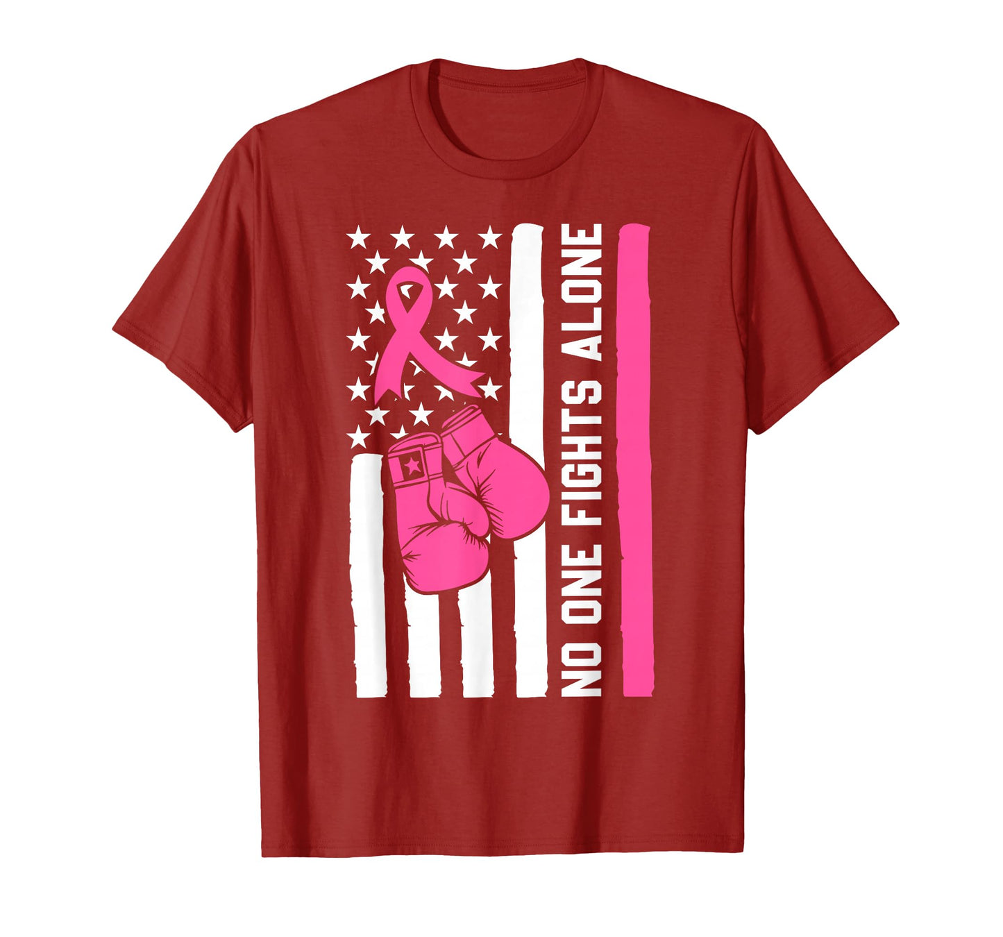 No One Fight Breast Cancer Alone Pink Ribbon American Flag T-Shirt