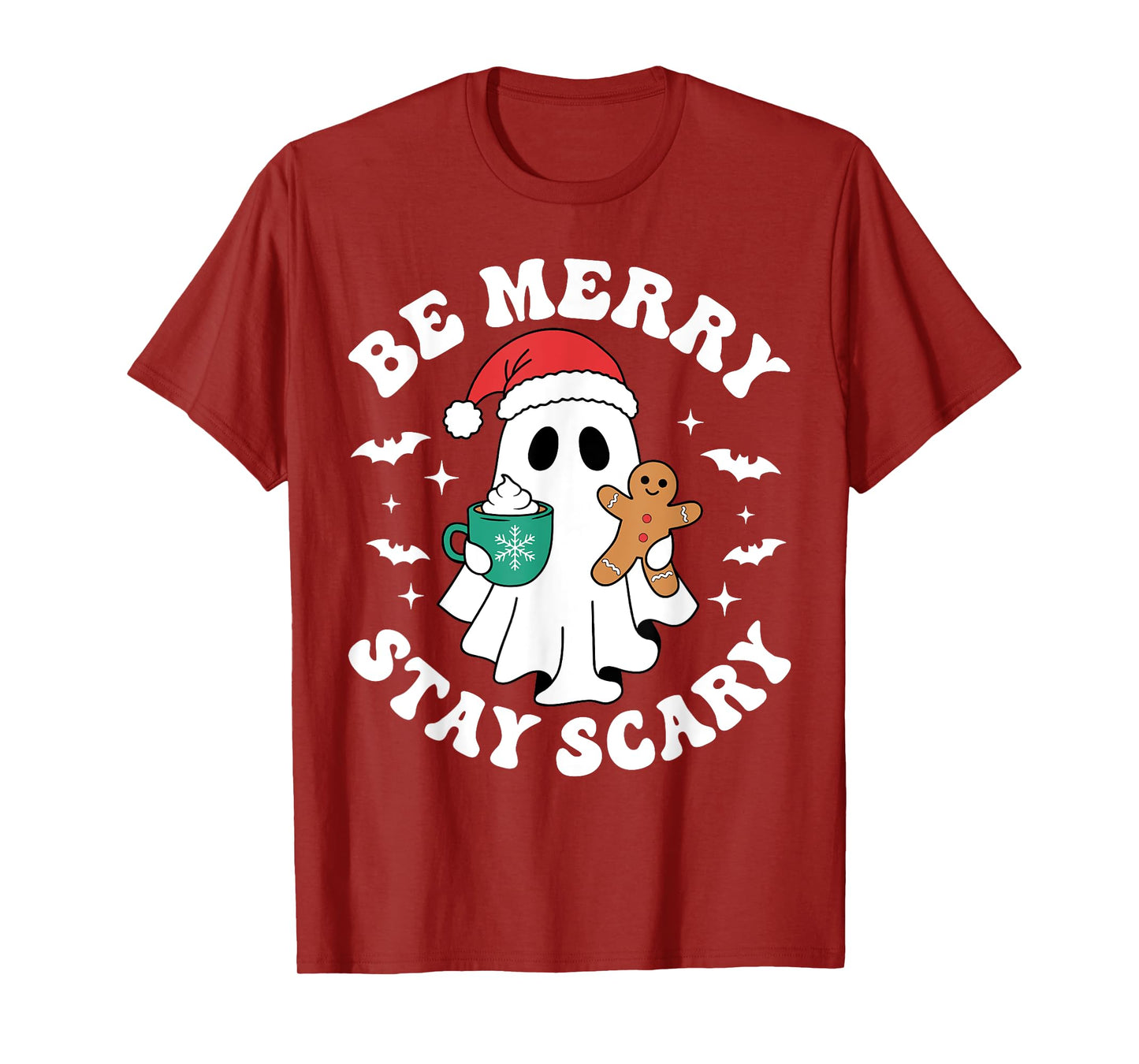 Be Merry Stay Scary Funny Santa Ghost Christmas Halloween T-Shirt