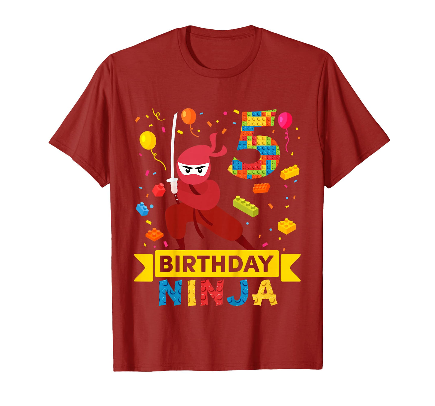 Kids 5 Year Old Building Blocks Ninja 5th Birthday Boy T-Shirt