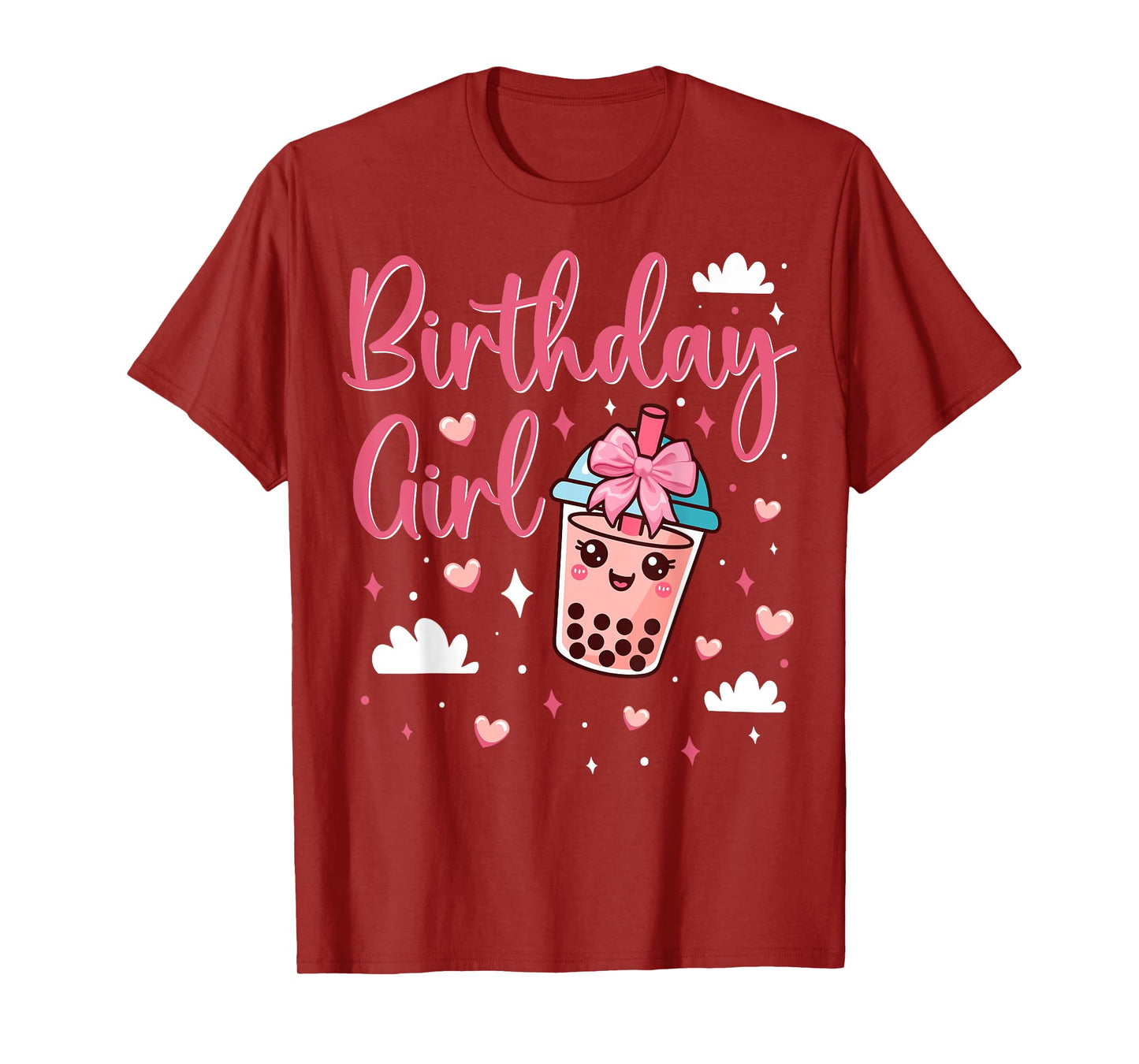 Happy Birthday Girl Cute Pink Bow Bubble Boba Tea Anime T-Shirt