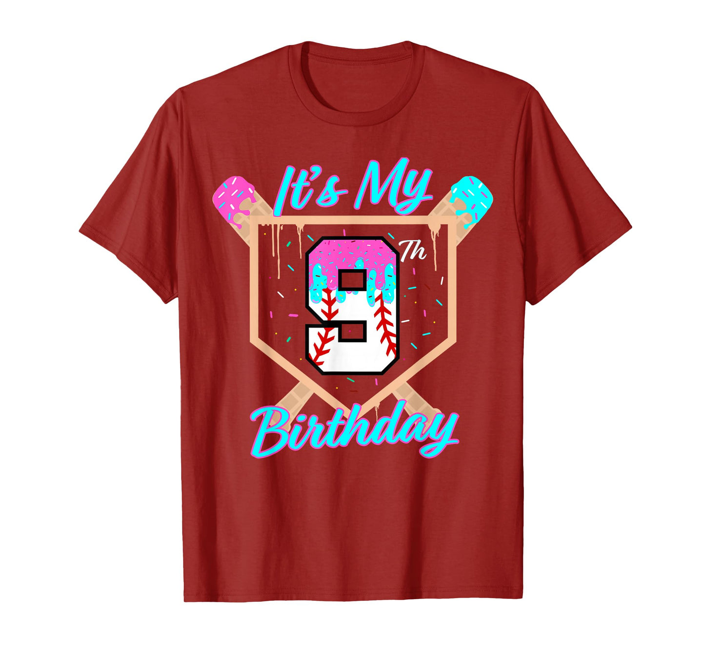 Baseball 9 Year Old Ice Cream Drip 9th Birthday Boy Number 9 T-Shirt