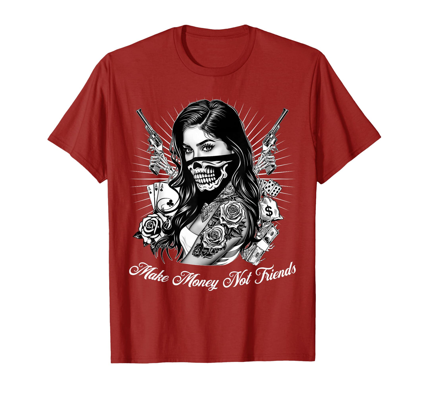 Make Money Not Friends Chicano Gangsta Girl Skull Bandana T-Shirt