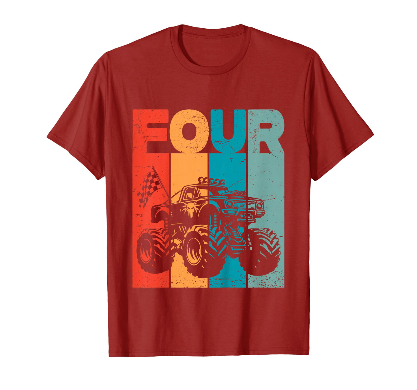 Kids 4th Birthday Monster Truck Four Retro 4 Years Old Bday Boys T-Shirt