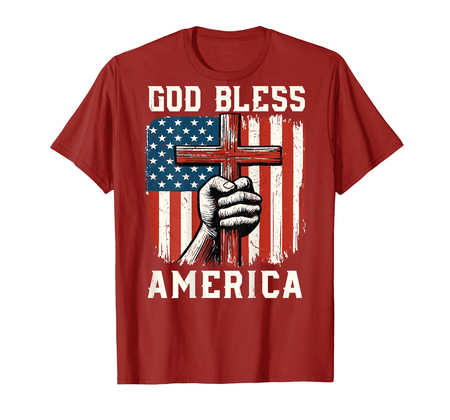 On-Back God Bless America Christian Patriotic Cross USA Flag T-Shirt