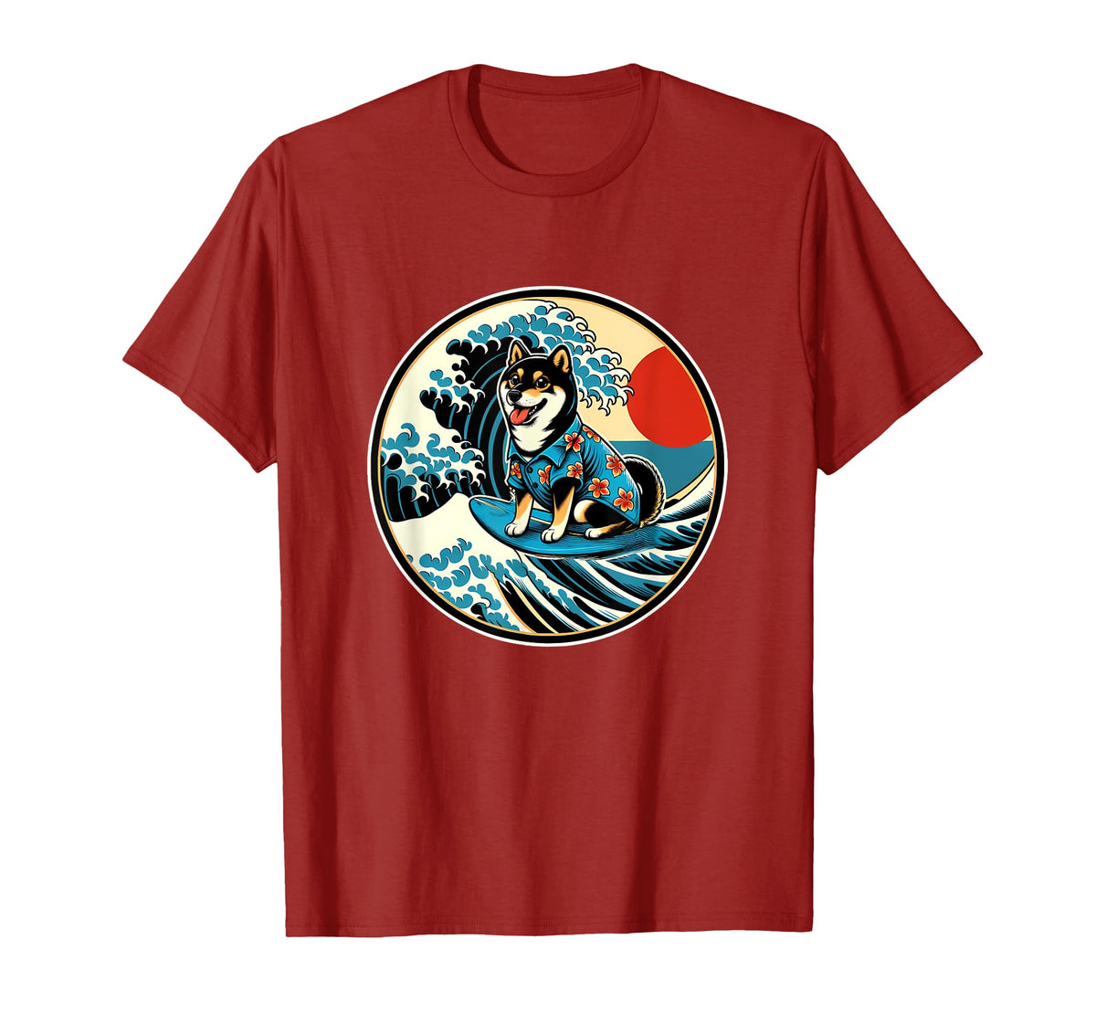 Great Wave Kanagawa Black and tan Shiba Inu Surfing T-Shirt