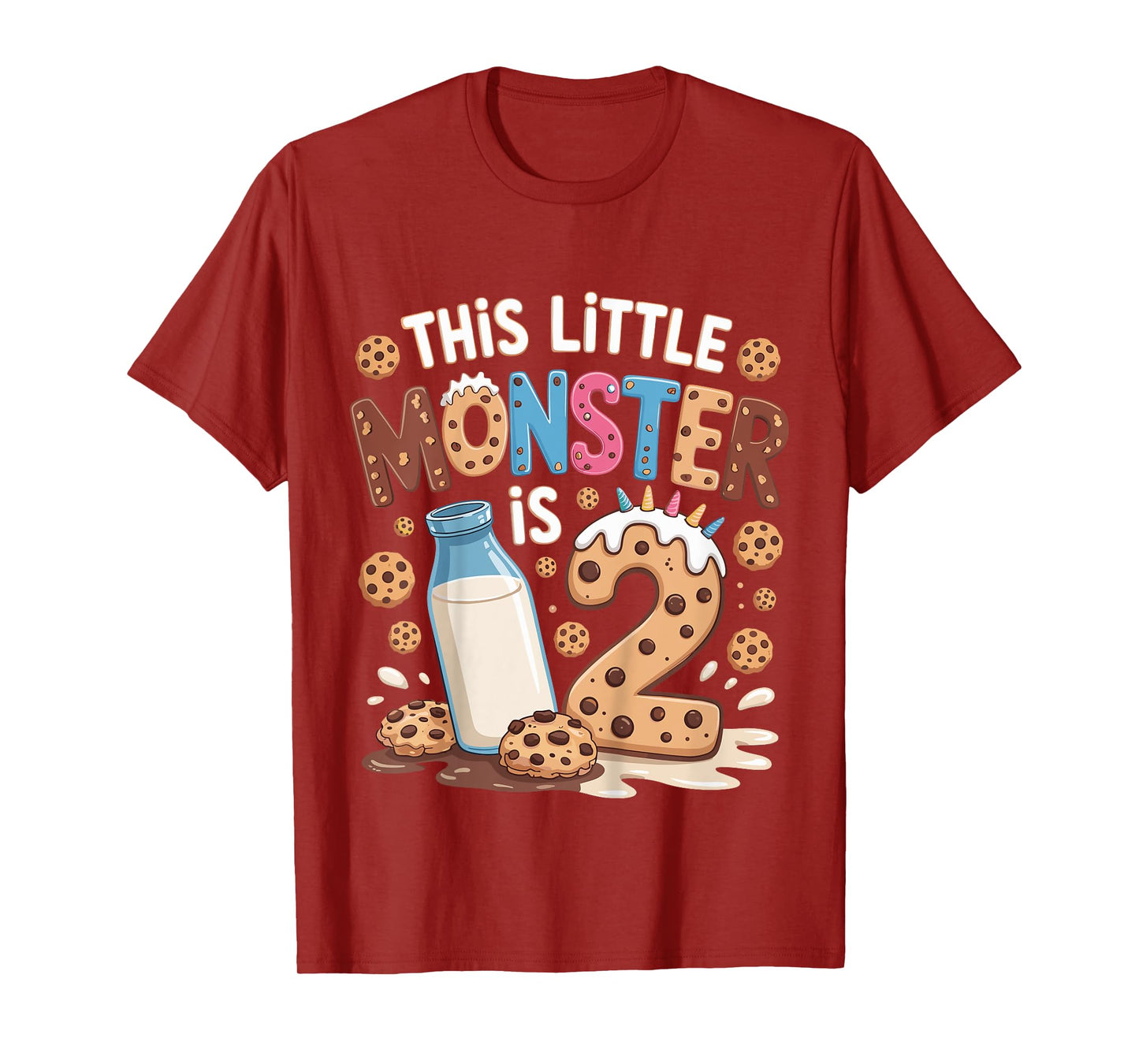 Kids This Little Monster Is 2 Birthday Milk 2nd Bday Boy Girl T-Shirt