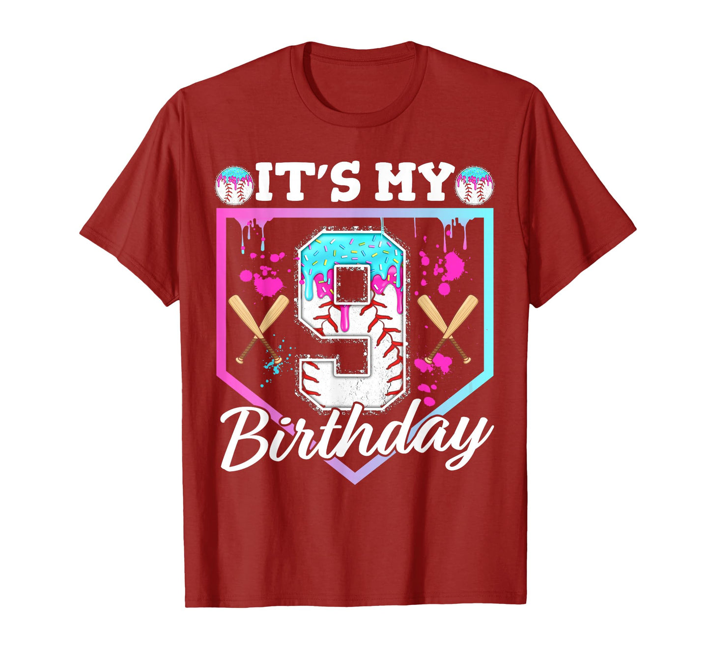 Baseball Drip 9 Year Old Ice Cream 9th Birthday Boy Dripping T-Shirt