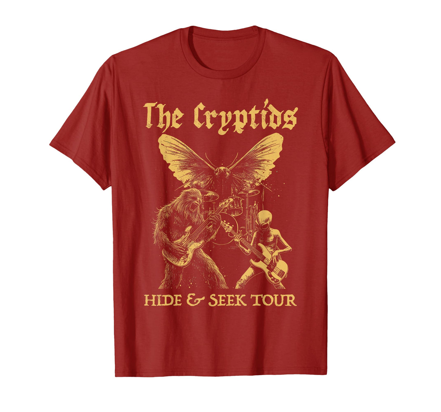 The Cryptids Bigfoot Alien Mothman Grunge Heavy Metal Rock T-Shirt