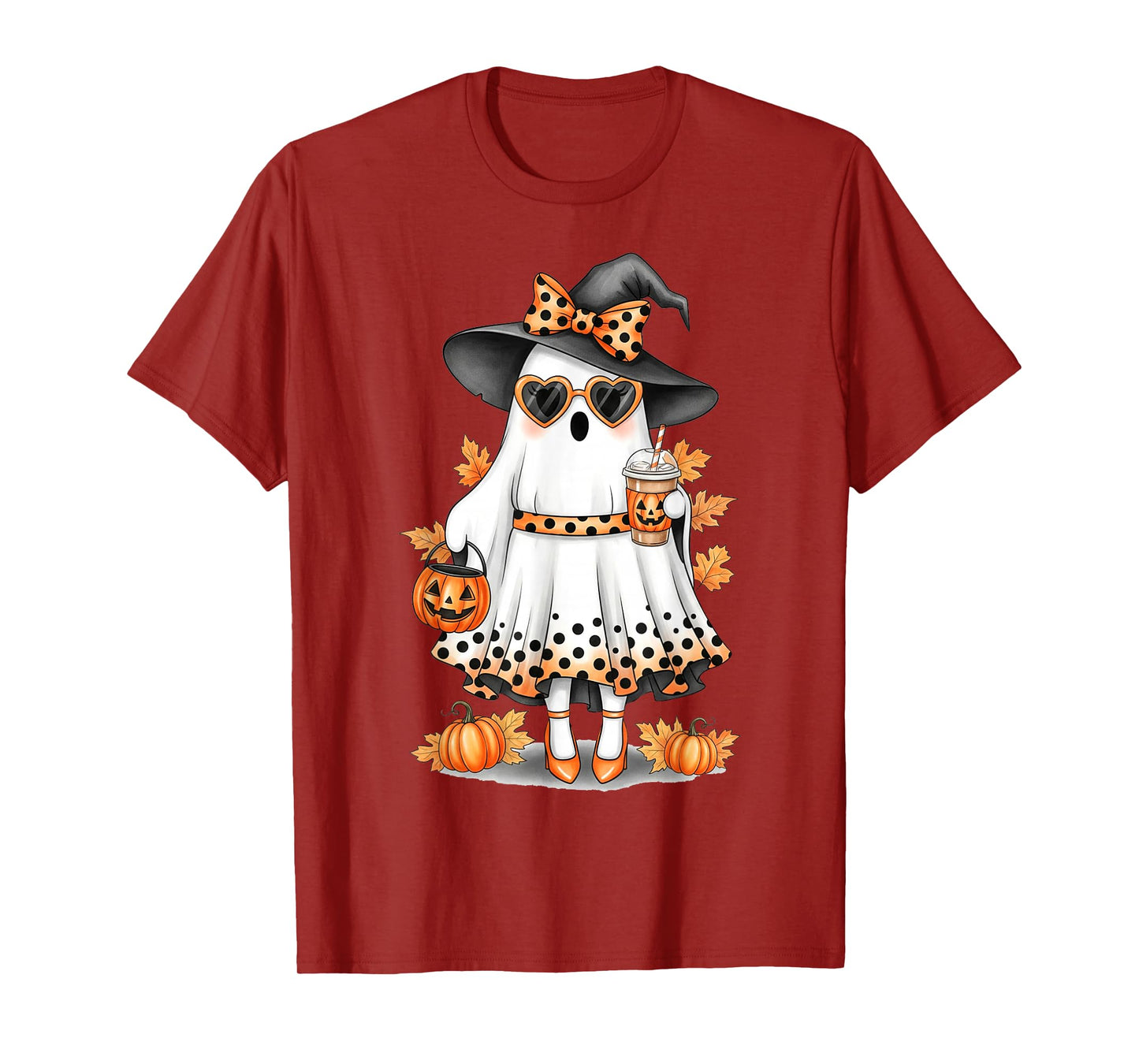 Spooky Cute Ghost Drinking Pumpkin Iced Coffee Halloween Bow T-Shirt