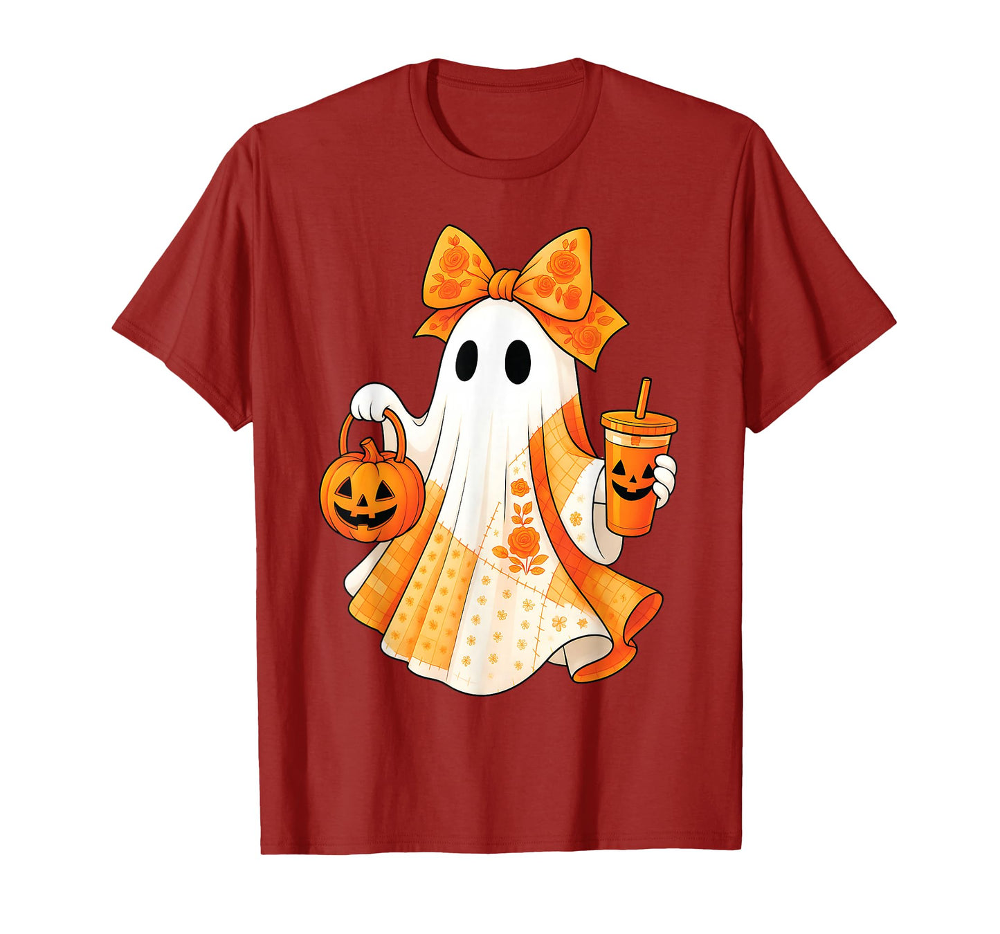 Spooky Cute Ghost Drinking Iced Coffee Pumpkin Bow Halloween T-Shirt