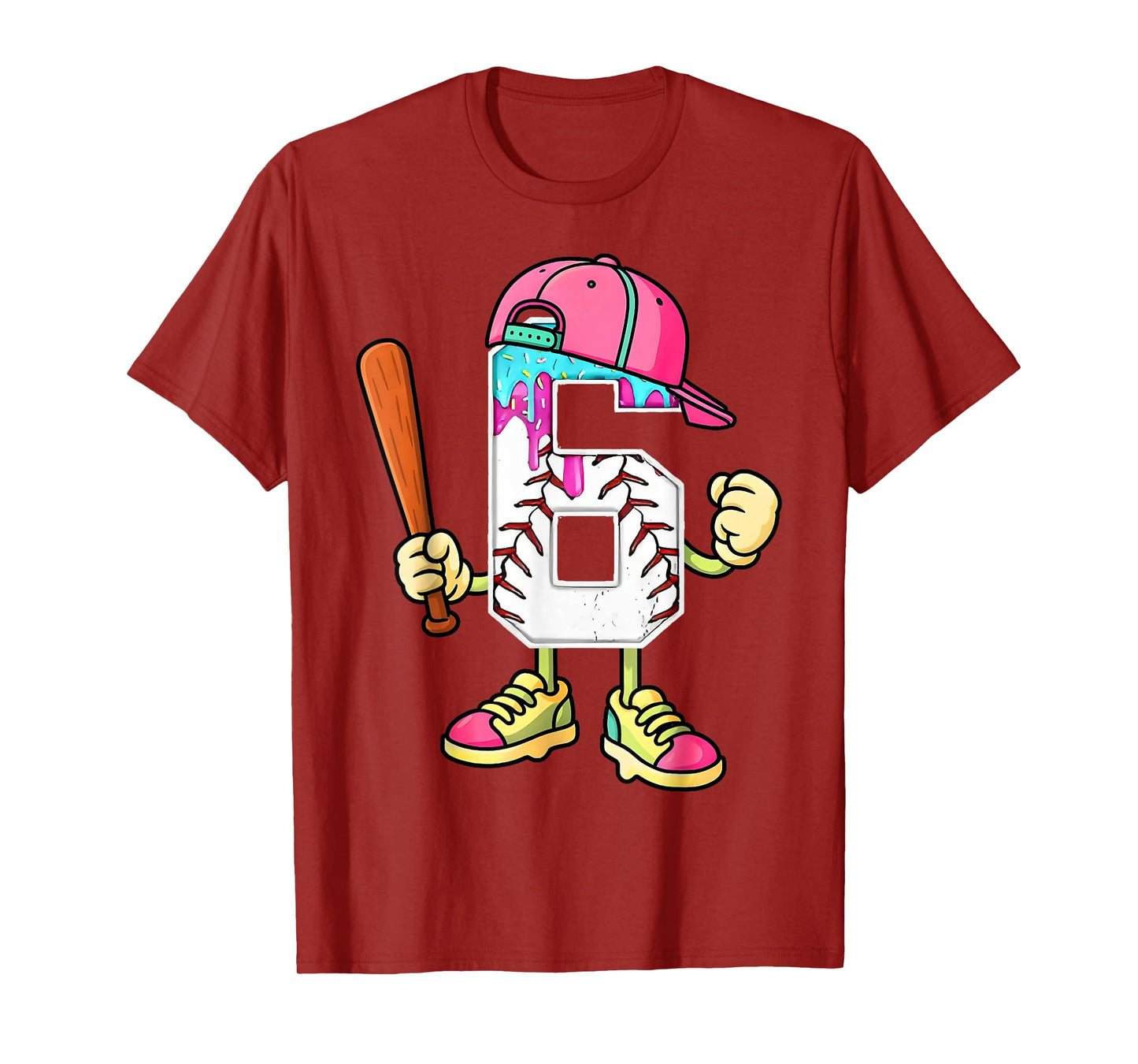 Baseball 6th Birthday Boy Ice Cream Drip 6 Year Old Birthday T-Shirt